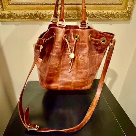 Bally Vintage Embossed Crocodile Chestnut Tan Leather Drawstring Bucket Handbag - Picture 4 of 16